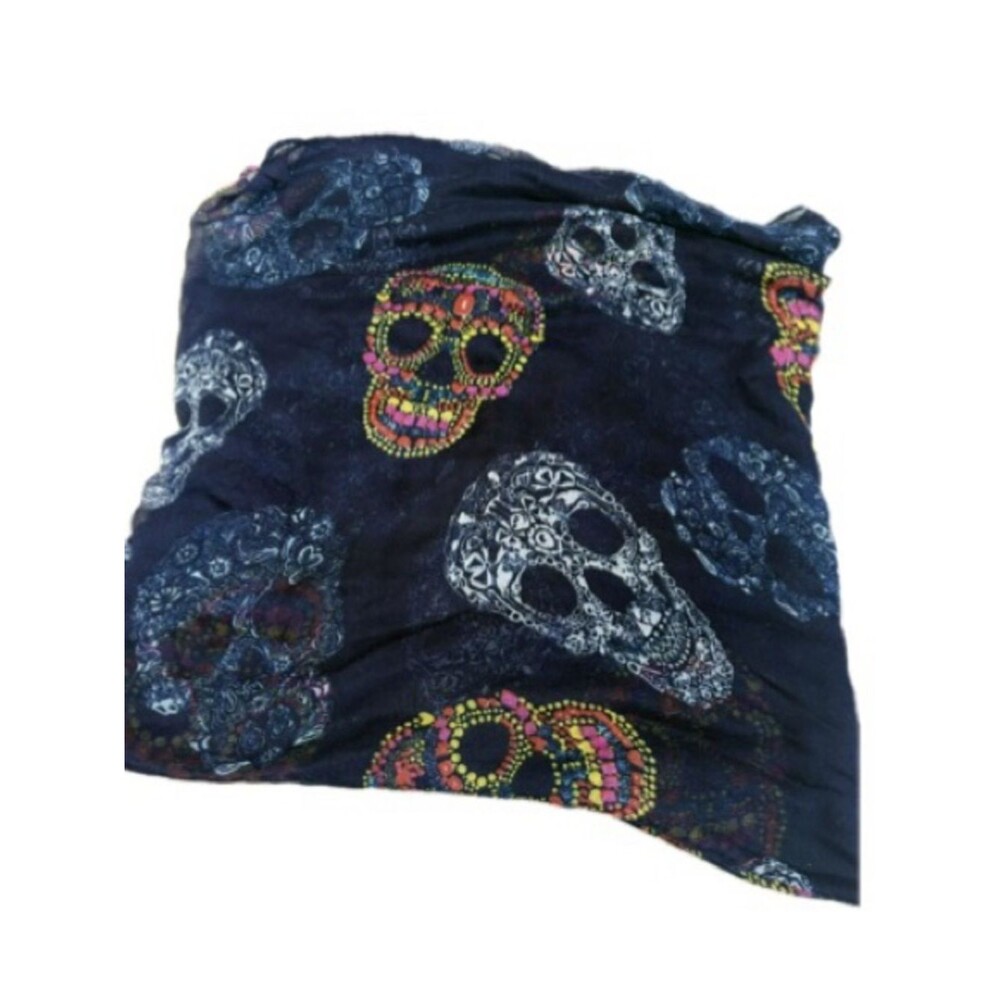 Skull Colorful Print Lightweight Gauze Scarf Rectangular Large Goth Wrap Shawl